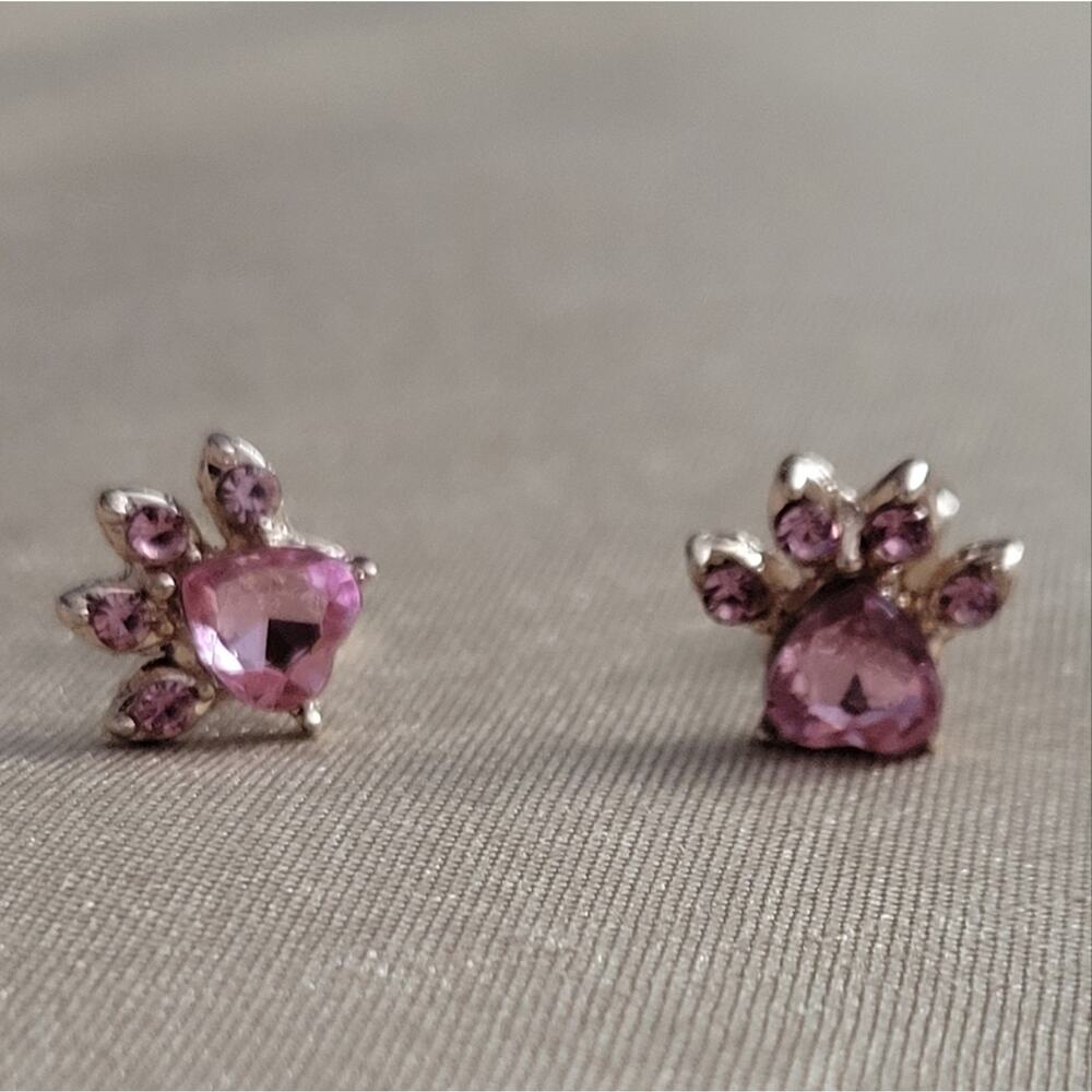 Pink and gold tone cat paws crystal earrings